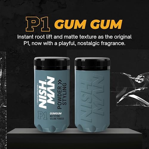 NISHMAN Poudre Coiffante P1 Gumgum 20g - Parfum Bubble Gum pour Hommes - Volume et Texture Maximaux au Travail et en Wee